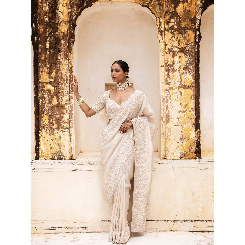 Aangan by Parul Ivory Gossamer Grace Saree with Stitched Blouse and Petticoat