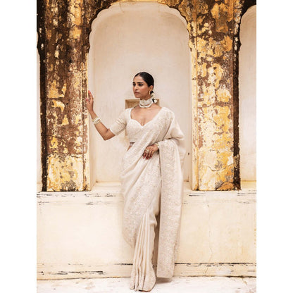 Aangan by Parul Ivory Gossamer Grace Saree with Stitched Blouse and Petticoat