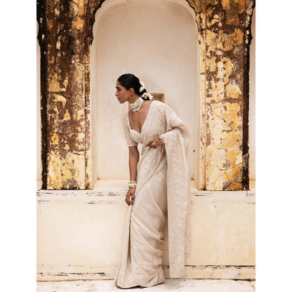 Aangan by Parul Ivory Gossamer Grace Saree with Stitched Blouse and Petticoat