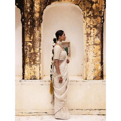 Aangan by Parul Ivory Gossamer Grace Saree with Stitched Blouse and Petticoat