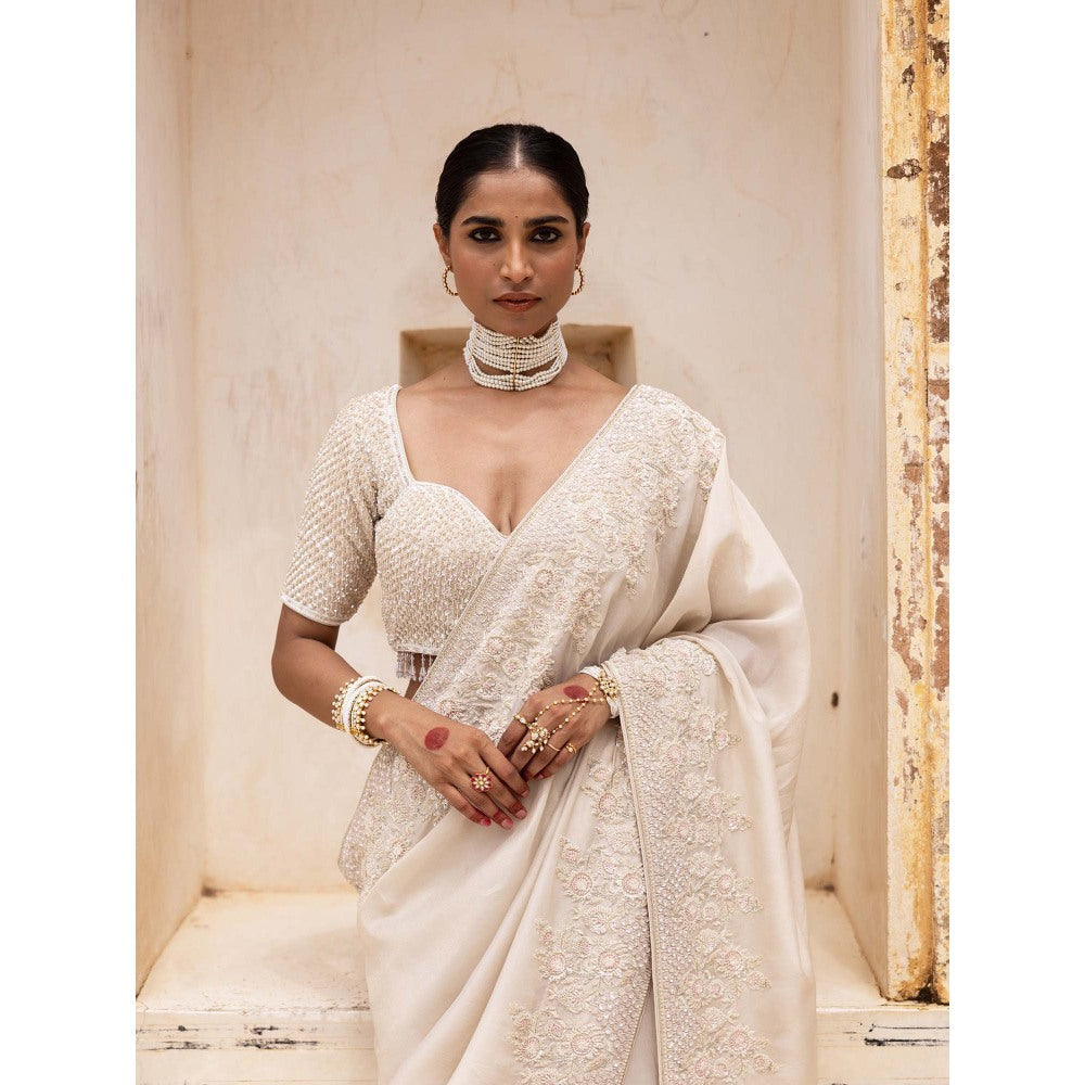 Aangan by Parul Ivory Gossamer Grace Saree with Stitched Blouse and Petticoat