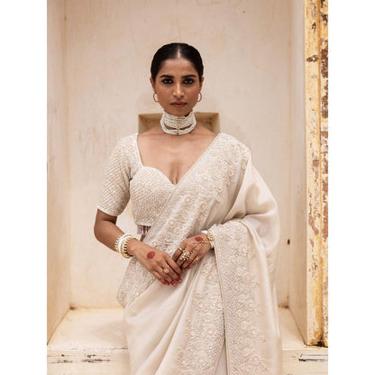 Aangan by Parul Ivory Gossamer Grace Saree with Stitched Blouse and Petticoat