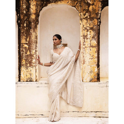 Aangan by Parul Ivory Gossamer Grace Saree with Stitched Blouse and Petticoat