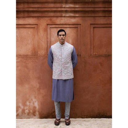 Aangan by Parul Blue Grandeur Kurta with Churidar and Nehru Jacket (Set of 3)