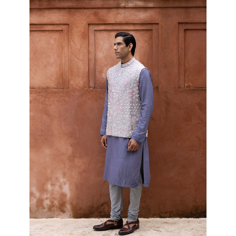 Aangan by Parul Blue Grandeur Kurta with Churidar and Nehru Jacket (Set of 3)