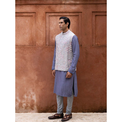Aangan by Parul Blue Grandeur Kurta with Churidar and Nehru Jacket (Set of 3)