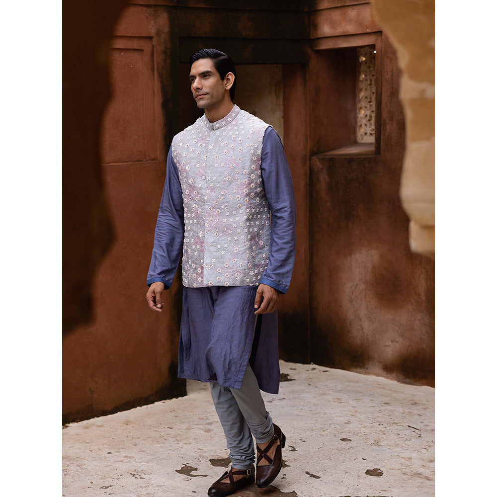 Aangan by Parul Blue Grandeur Kurta with Churidar and Nehru Jacket (Set of 3)