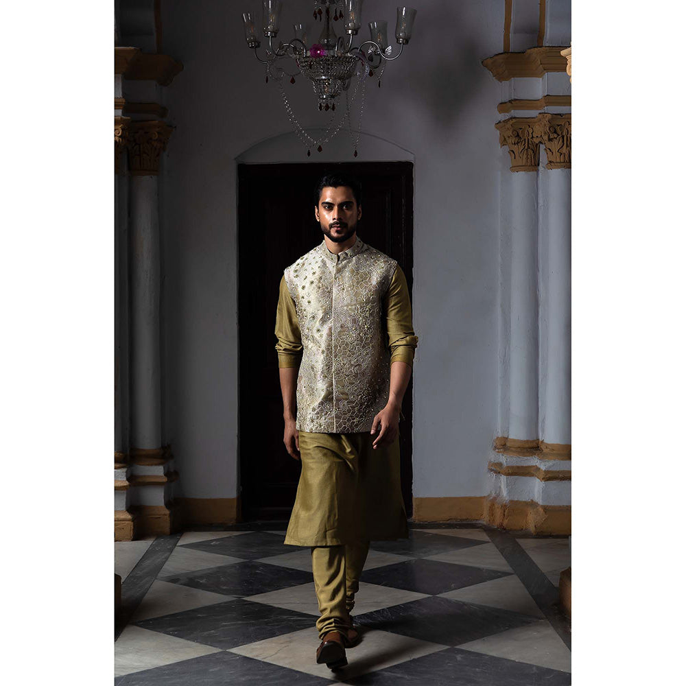 Aangan by Parul Olive Tapestry Kurta with Churidar and Nehru Jacket (Set of 3)