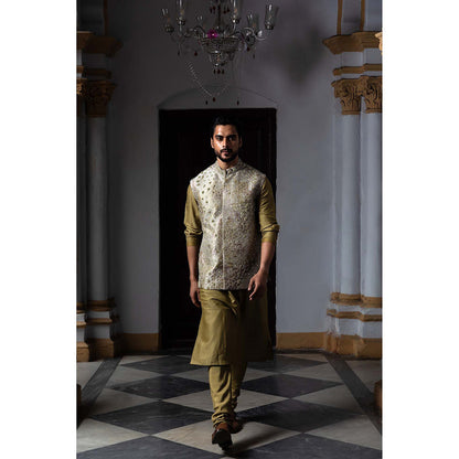 Aangan by Parul Olive Tapestry Kurta with Churidar and Nehru Jacket (Set of 3)