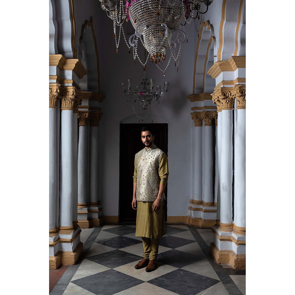 Aangan by Parul Olive Tapestry Kurta with Churidar and Nehru Jacket (Set of 3)