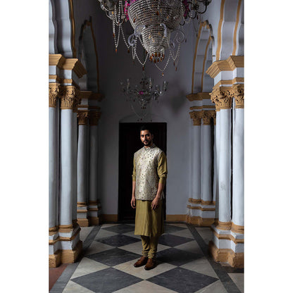 Aangan by Parul Olive Tapestry Kurta with Churidar and Nehru Jacket (Set of 3)