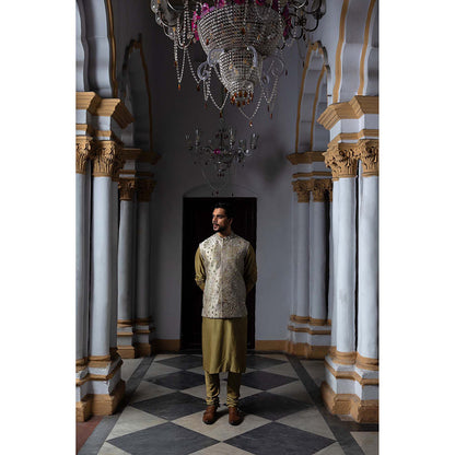 Aangan by Parul Olive Tapestry Kurta with Churidar and Nehru Jacket (Set of 3)