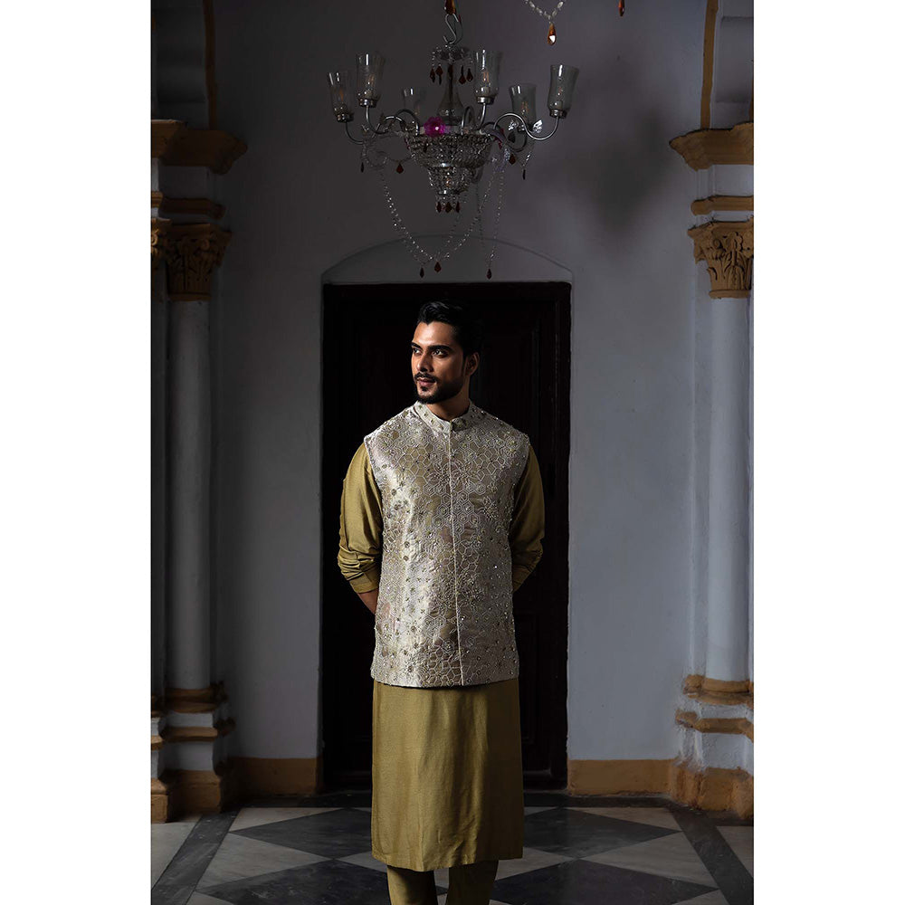 Aangan by Parul Olive Tapestry Kurta with Churidar and Nehru Jacket (Set of 3)