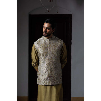 Aangan by Parul Olive Tapestry Kurta with Churidar and Nehru Jacket (Set of 3)