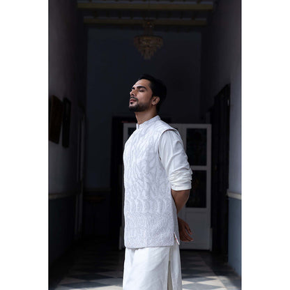 Aangan by Parul White Valor Kurta with Churidar and Nehru Jacket (Set of 3)