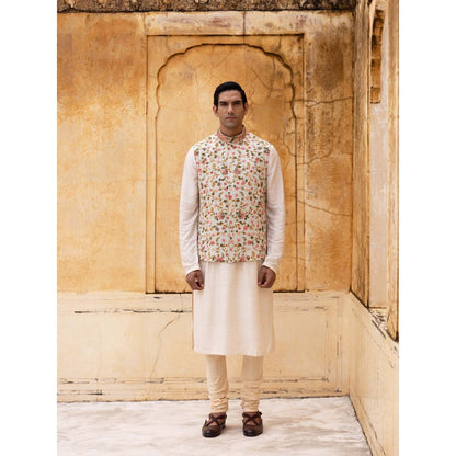 Aangan by Parul Off White Regal Charm Kurta with Churidar and Nehru Jacket (Set of 3)