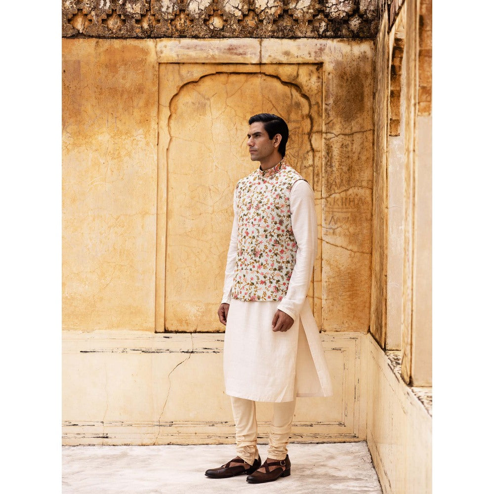 Aangan by Parul Off White Regal Charm Kurta with Churidar and Nehru Jacket (Set of 3)
