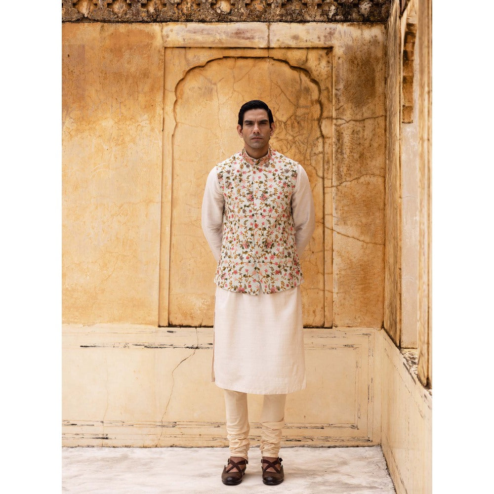 Aangan by Parul Off White Regal Charm Kurta with Churidar and Nehru Jacket (Set of 3)