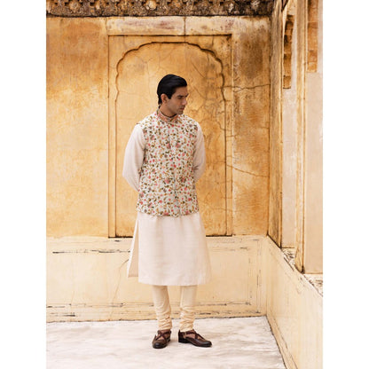 Aangan by Parul Off White Regal Charm Kurta with Churidar and Nehru Jacket (Set of 3)