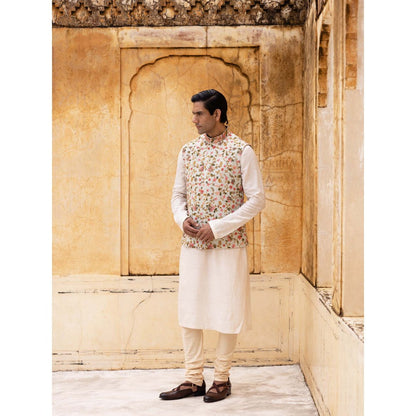 Aangan by Parul Off White Regal Charm Kurta with Churidar and Nehru Jacket (Set of 3)