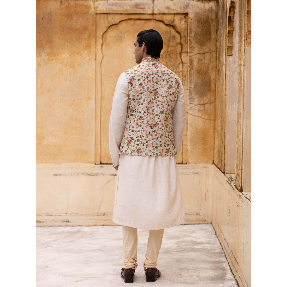 Aangan by Parul Off White Regal Charm Kurta with Churidar and Nehru Jacket (Set of 3)