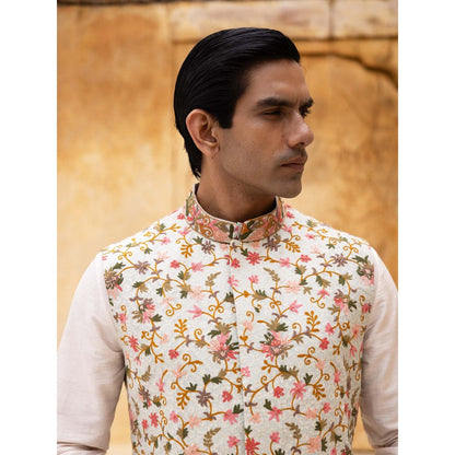 Aangan by Parul Off White Regal Charm Kurta with Churidar and Nehru Jacket (Set of 3)