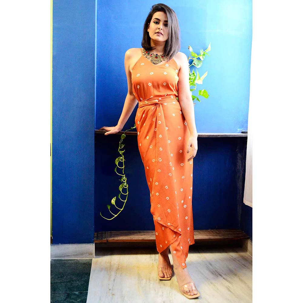 Aapro Label Orange Bandhej Wrap Dress