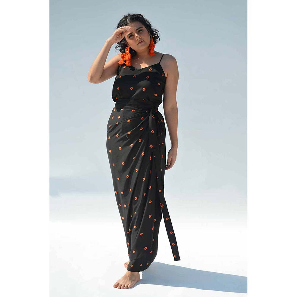 Aapro Label Black Bandhej Spaghetti Wrap Dress
