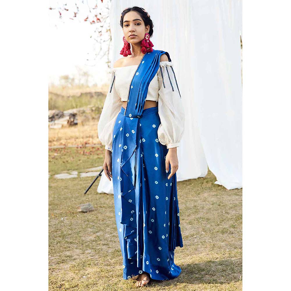 Aapro Label Blue Bandhej Saree Inspired Skirt With Top (Set of 2)