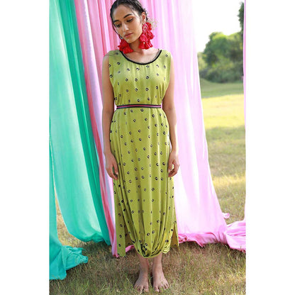 Aapro Label Green Boxy Draped Dress with Belt (Set of 2)