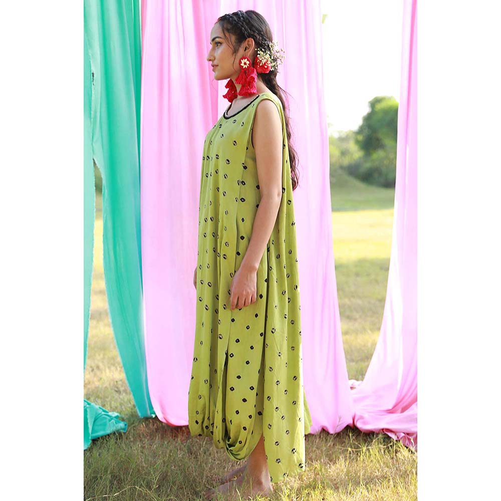 Aapro Label Green Boxy Draped Dress with Belt (Set of 2)