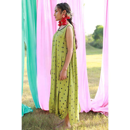 Aapro Label Green Boxy Draped Dress with Belt (Set of 2)