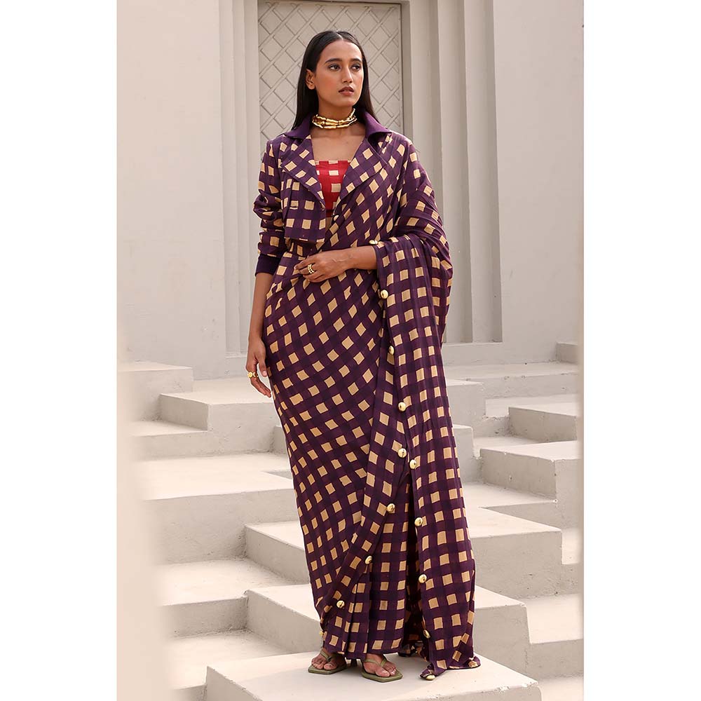 Aapro Label Purple Elsie pre draped Saree and Jacket with Stitched Blouse
