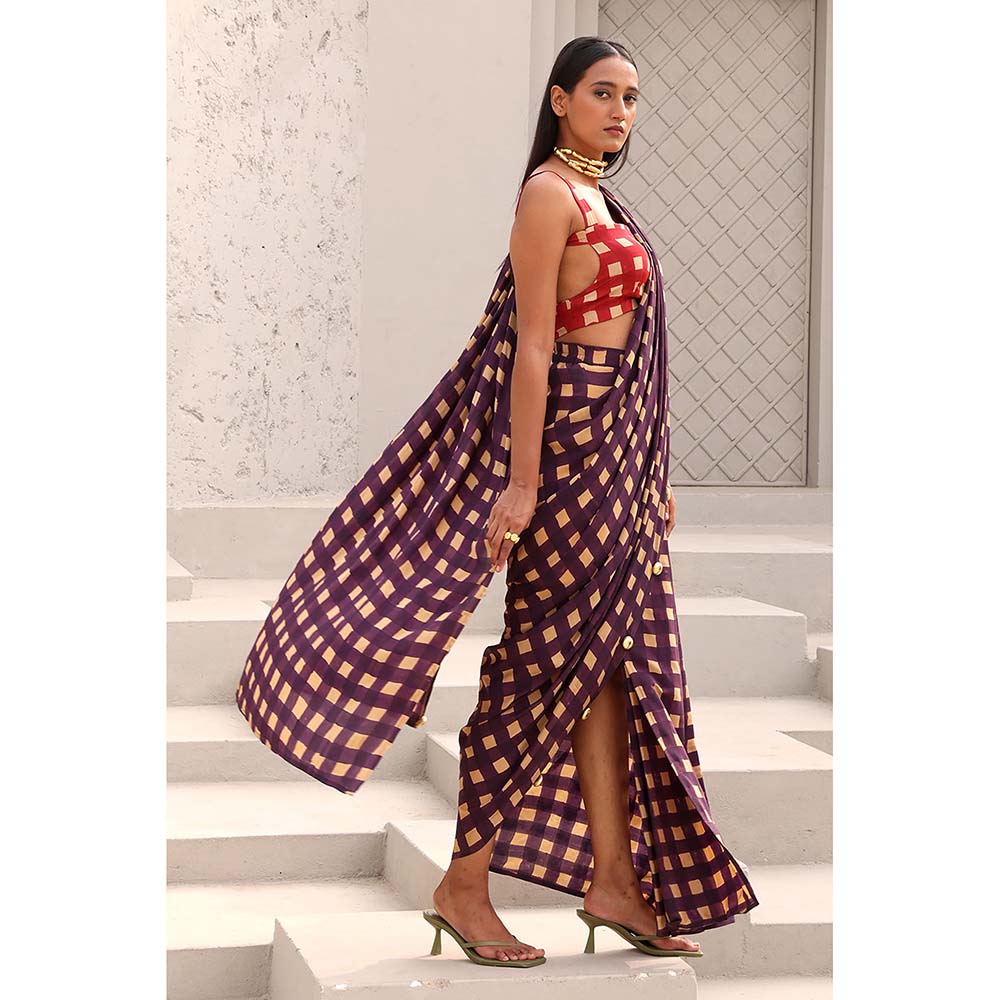 Aapro Label Purple Agatha pre draped Saree with Stitched Blouse