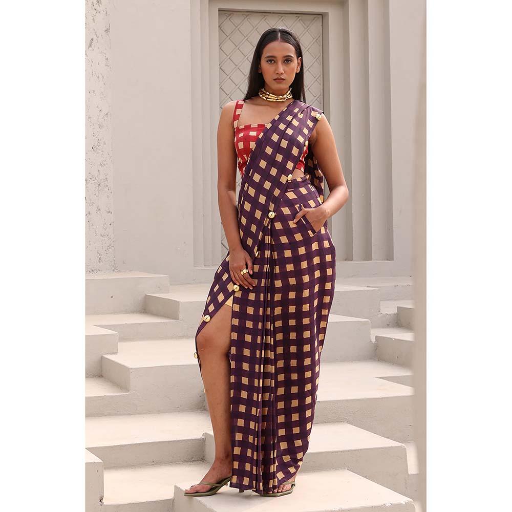 Aapro Label Purple Agatha pre draped Saree with Stitched Blouse