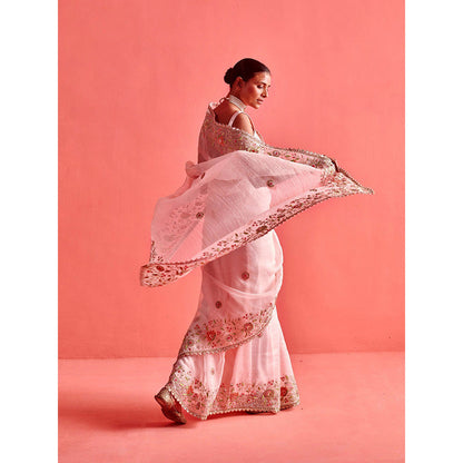 Aarti Sethia Studio Powdered Pink Saree with Stitched Blouse and Petticoat