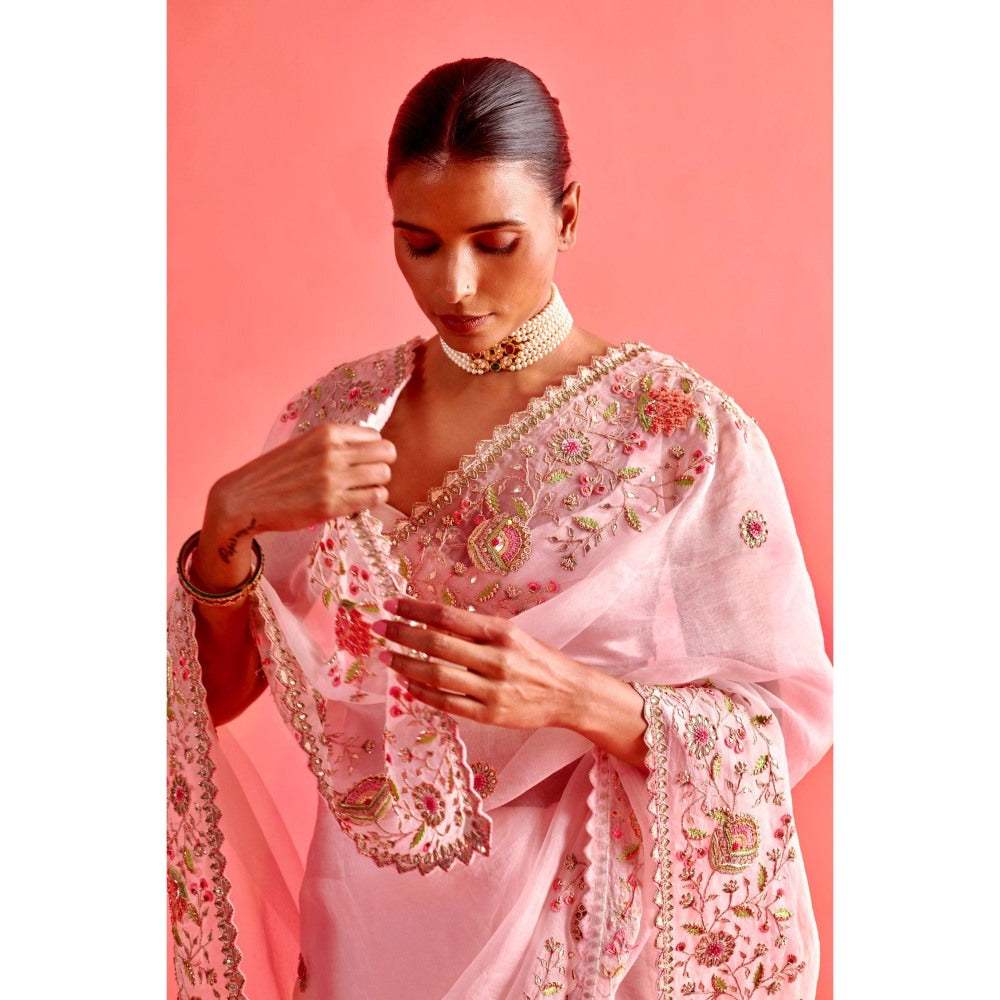 Aarti Sethia Studio Powdered Pink Saree with Stitched Blouse and Petticoat