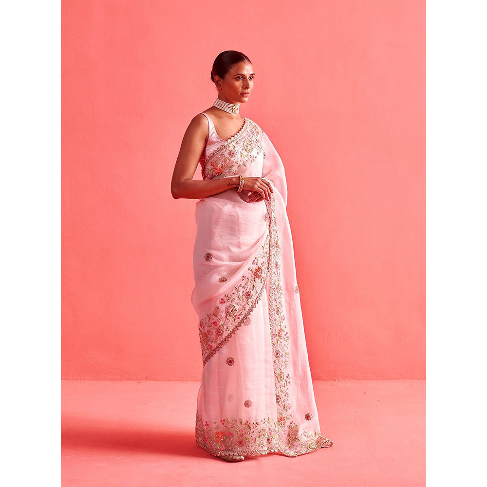 Aarti Sethia Studio Powdered Pink Saree with Stitched Blouse and Petticoat