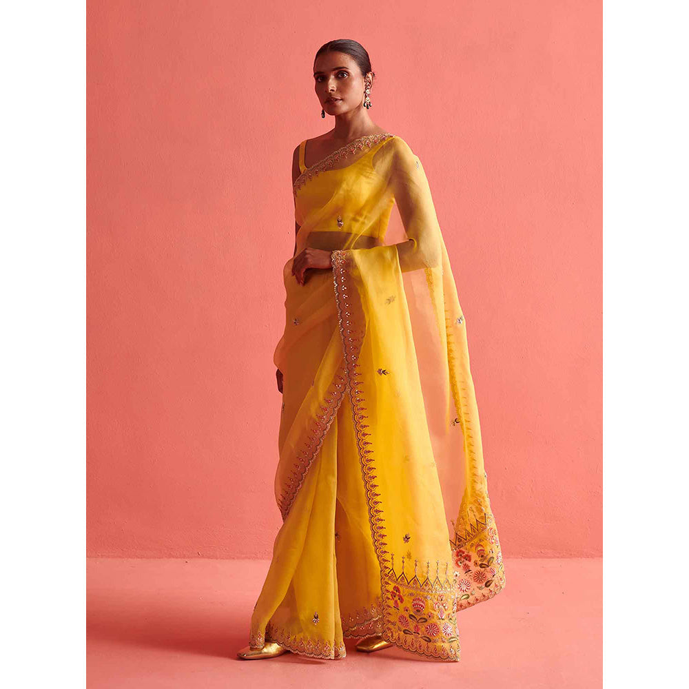 Aarti Sethia Studio Yellow Saree with Stitched Blouse and Petticoat