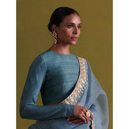 Aarti Sethia Studio Marine Blue Saree with Stitched Blouse and Petticoat