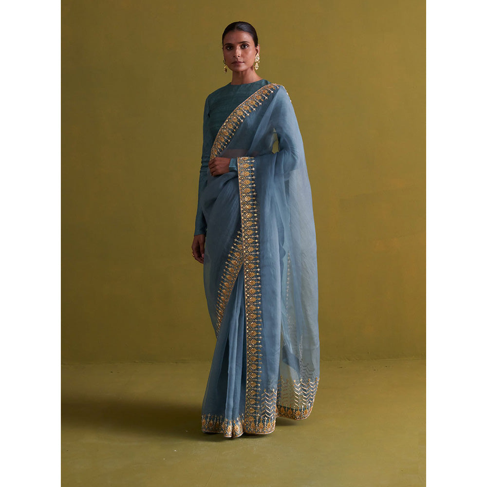 Aarti Sethia Studio Marine Blue Saree with Stitched Blouse and Petticoat