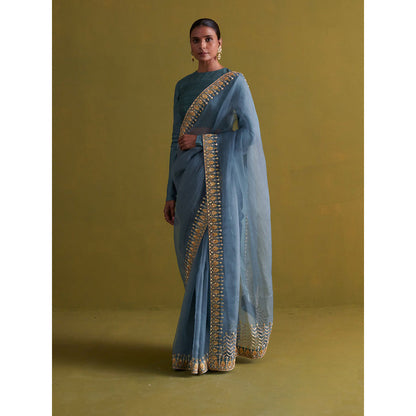 Aarti Sethia Studio Marine Blue Saree with Stitched Blouse and Petticoat