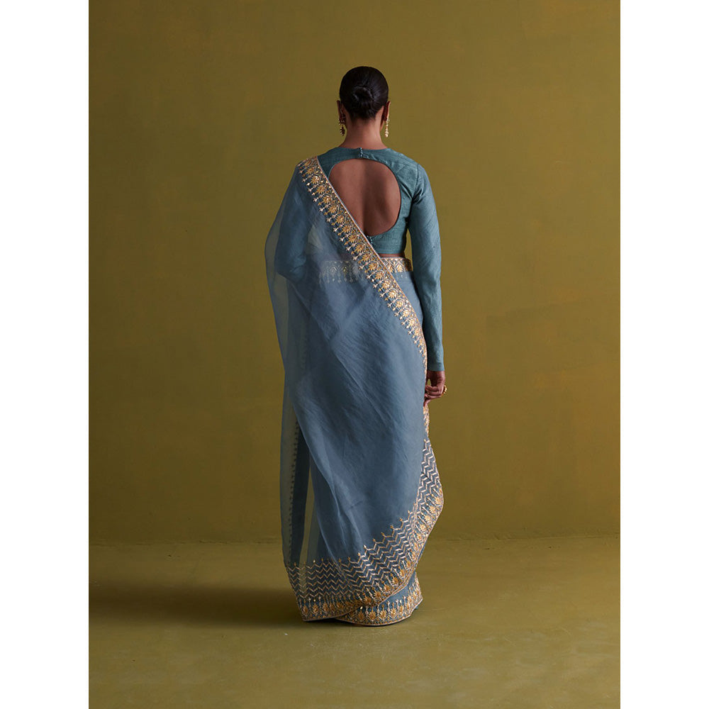 Aarti Sethia Studio Marine Blue Saree with Stitched Blouse and Petticoat