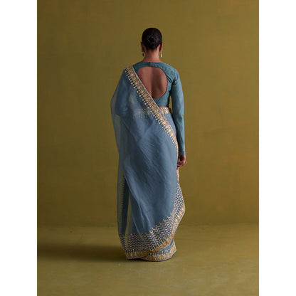 Aarti Sethia Studio Marine Blue Saree with Stitched Blouse and Petticoat