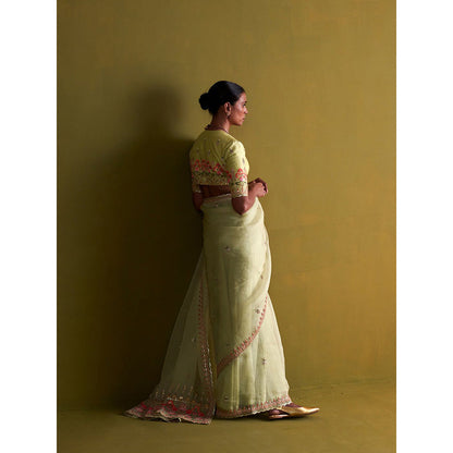Aarti Sethia Studio Sage Green Saree with Stitched Blouse and Petticoat