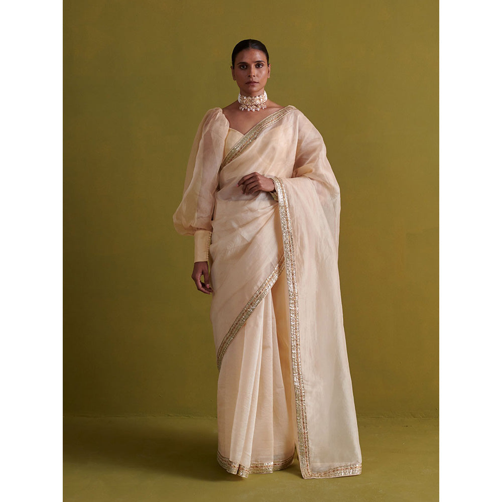 Aarti Sethia Studio Beige Saree with Stitched Blouse and Petticoat