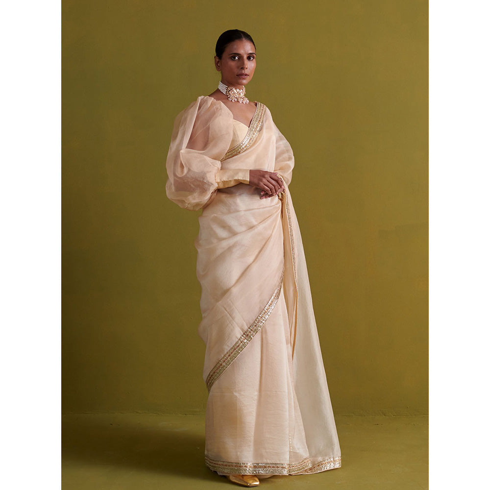 Aarti Sethia Studio Beige Saree with Stitched Blouse and Petticoat