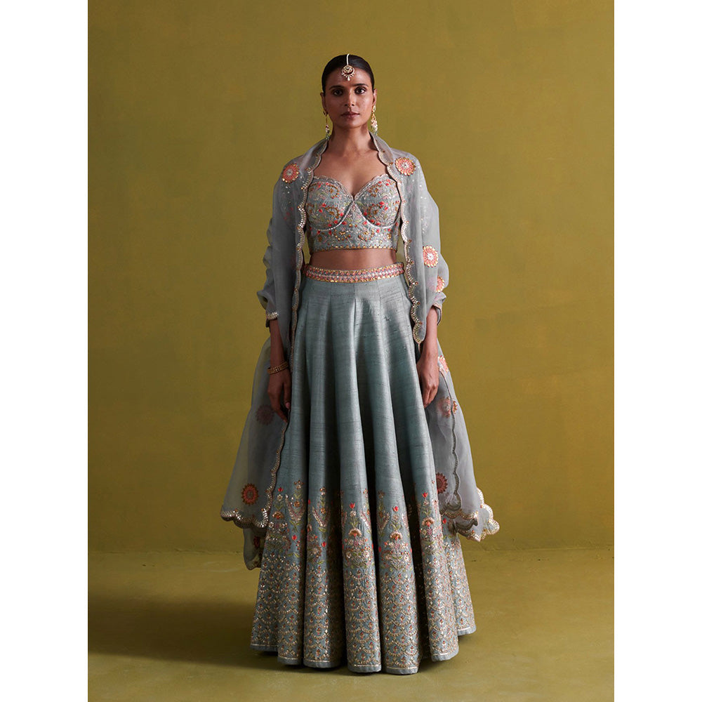 Aarti Sethia Studio Marine Blue Lehenga with Blouse and Dupatta (Set of 3)