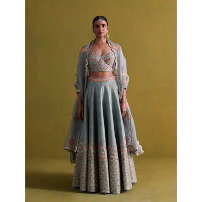 Aarti Sethia Studio Marine Blue Lehenga with Blouse and Dupatta (Set of 3)