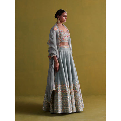 Aarti Sethia Studio Marine Blue Lehenga with Blouse and Dupatta (Set of 3)